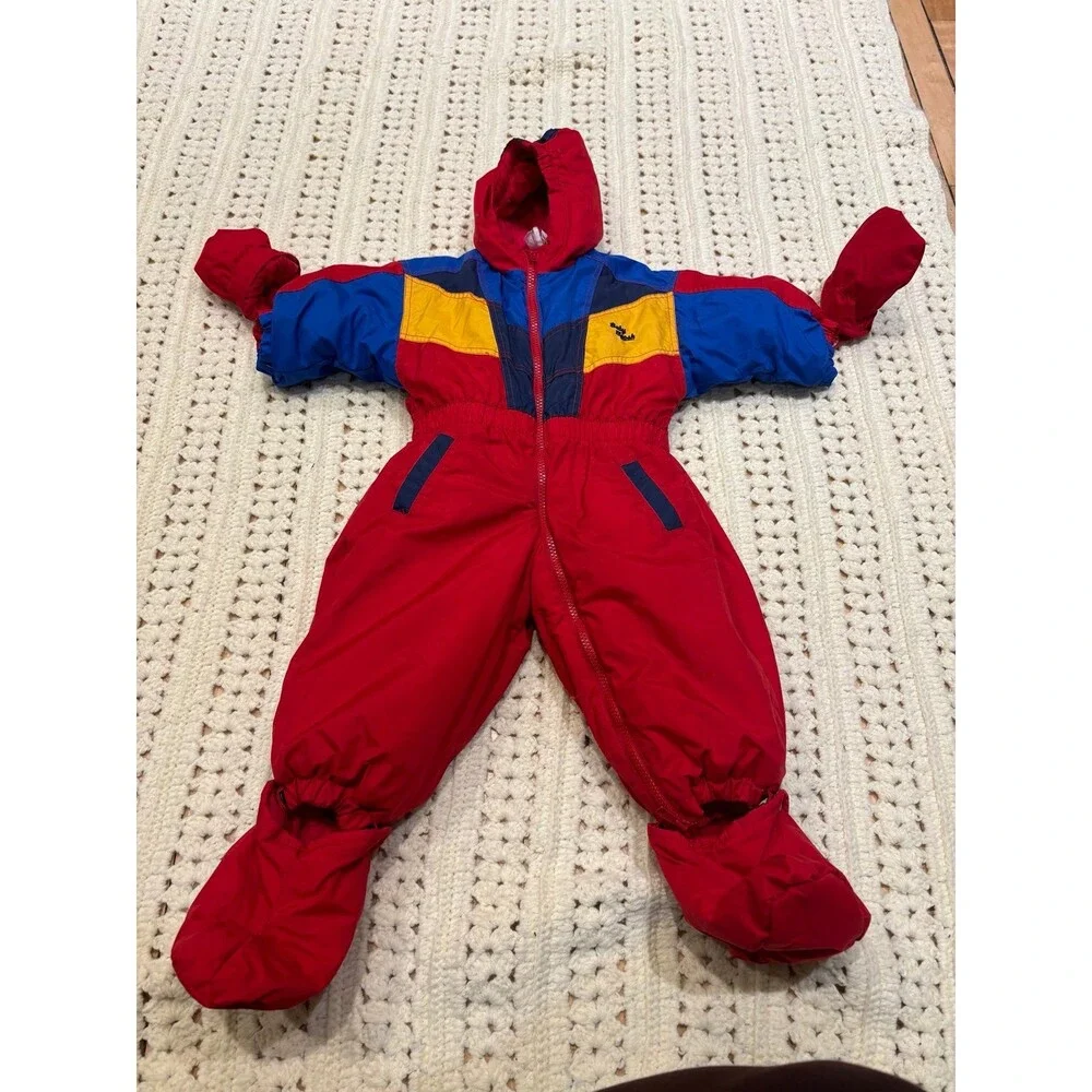 Baby Oshkosh b’gosh Snowsuit colorblock 90s attached feet mittens 18 24 12 mths